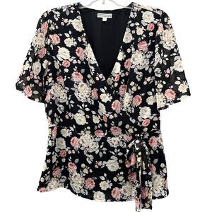 Pleione Anthropologie Floral Blouse M Faux Wrap Tie Romantic Feminine V Neck